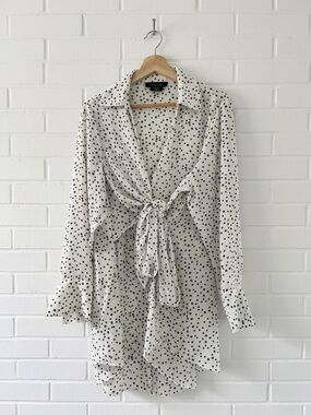 Michel Studio Animal Print Tie Front Tunic Blouse White Black Size 18